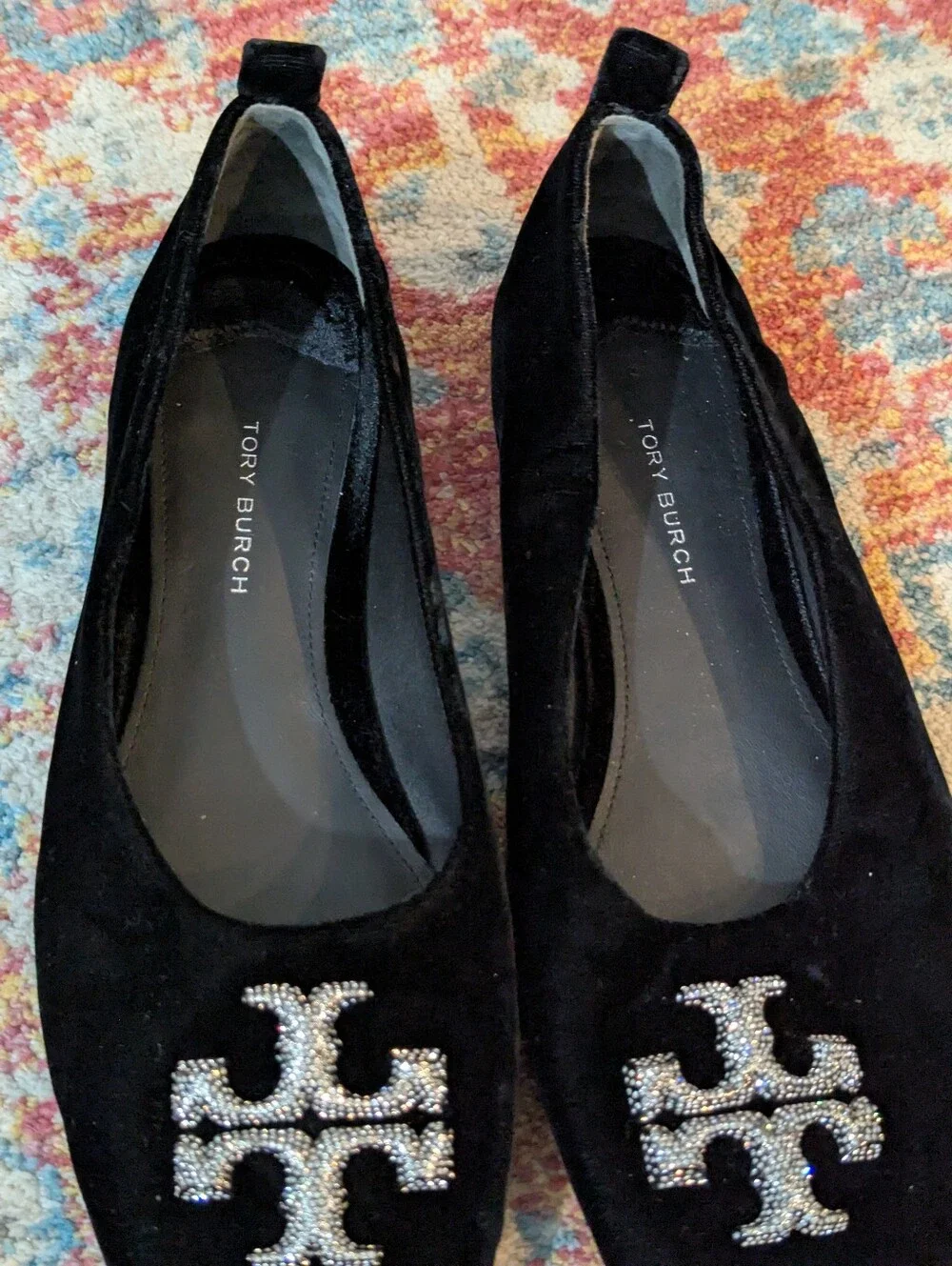 Tory Burch Women's 7.5 M Eleanor Crystal Ballet Black Velvet Flat Logo
